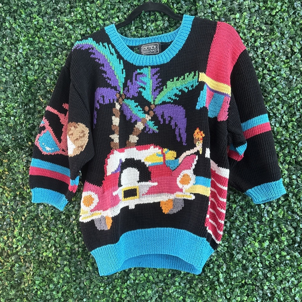 Vintage Berek Beach Sweater womens Sz L Short Sleeve